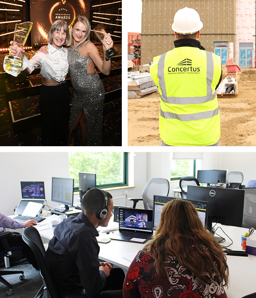 Selection of images of Concertus staff working on site and in the office